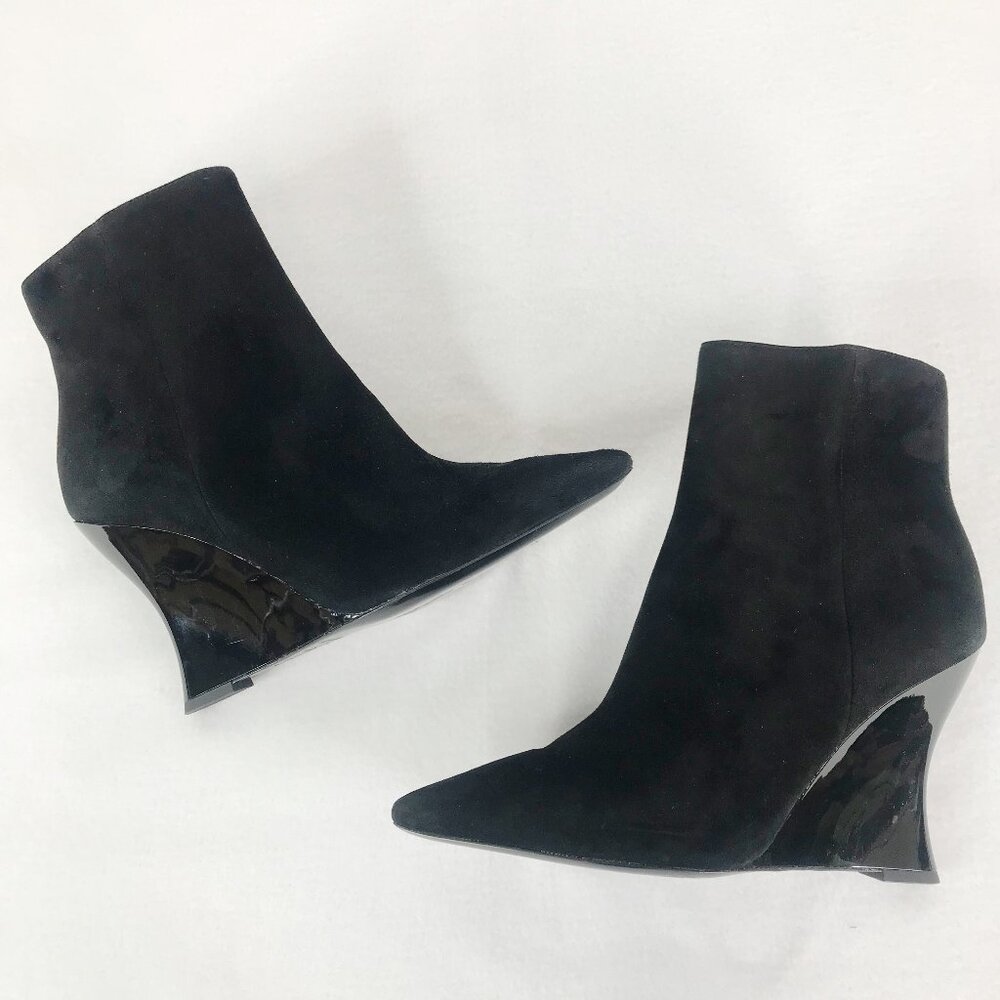 Tory Burch Ankle Boots Booties Womens 9 M Black Suede Sculpted Wedge Pointed Toe